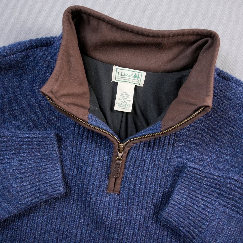L.L. Bean Men’s Navy Blue Half-Zip Sweater with Brown Collar